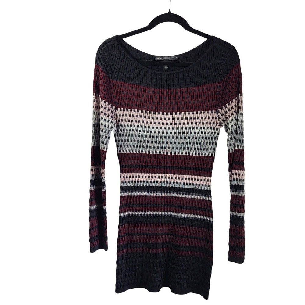 White House Black Market Striped Knit Bodycon Dress M Black Burgandy